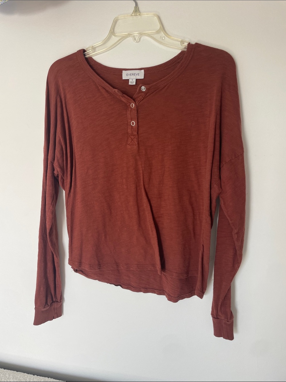 Evereve Rust Long-Sleeve Henley Top with Button Placket